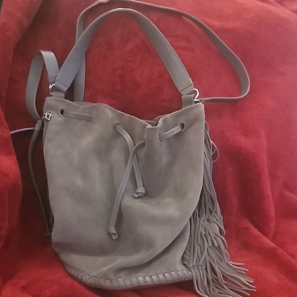 All Saints Tan Suede Fringe Shoulder Bag